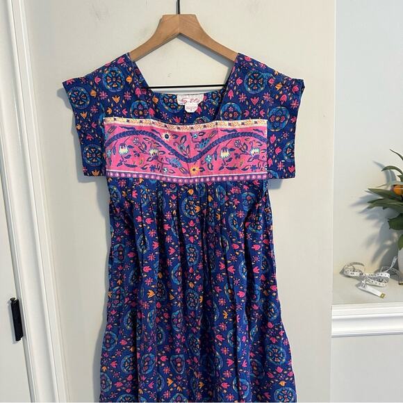 Vintage Blue Pink Cotton Block Printed House Maxi Dress Muumuu Small - Picture 9 of 12